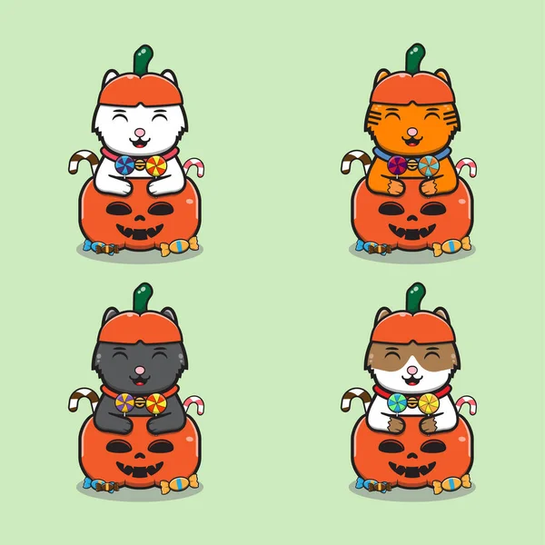 南瓜篮里可爱的猫的病媒图解 Maneki Neko 幸运猫的角色矢量设计 卡通人物设计集 万圣节的一套传统可爱的人物 — 图库矢量图片