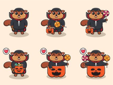 Dracula kostümlü şirin sincabın vektör çizimi. Sincap karakter vektör tasarımı. Etiket, etiket, klip için iyi.