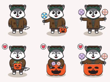 Frankenstein kostümlü şirin Kurt 'un vektör çizimi. Kurt karakter vektör tasarımı. Etiket, etiket, klip için iyi.