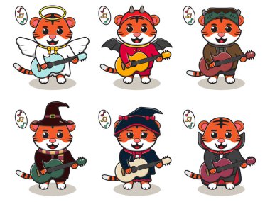 Şirin Kaplan Gitar oyununun vektör çizimi. Kaplan karakteri tasarımı. Etiket, etiket, klip için iyi.