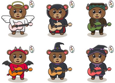 Şirin Ayı 'nın gitar çalışının vektör çizimi. Ayı karakter vektör tasarımı. Etiket, etiket, klip için iyi.