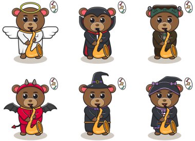 Saksafon çalan sevimli ayının vektör çizimi. Ayı karakter vektör tasarımı. Etiket, etiket, klip için iyi.