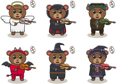 Sevimli Ayı 'nın Keman çalma temsili. Ayı karakter vektör tasarımı. Etiket, etiket, klip için iyi.