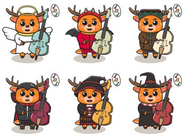 Cadılar Bayramı kostümlü şirin geyiğin çello çalarkenki temsili. Etiket, etiket, klip için iyi.