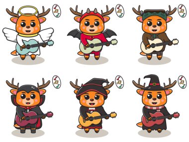 Cadılar Bayramı kostümlü şirin geyiğin gitar çalarkenki yansıması. Etiket, etiket, klip için iyi.