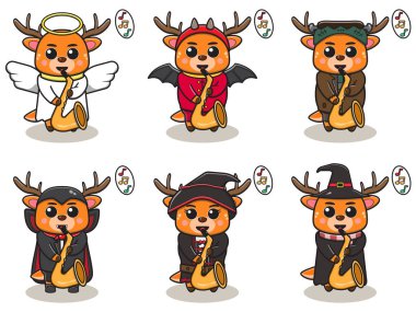 Cadılar bayramı kostümlü şirin geyiğin Saksafon çalarkenki temsili. Etiket, etiket, klip için iyi.