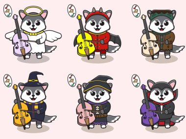 Şirin Kurt 'un çello çalışının vektör çizimi. Kurt karakter vektör tasarımı. Etiket, etiket, klip için iyi.