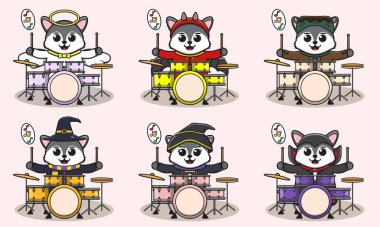 Şirin Kurt Davul Çalıyor 'un vektör çizimi. Kurt karakter vektör tasarımı. Etiket, etiket, klip için iyi.