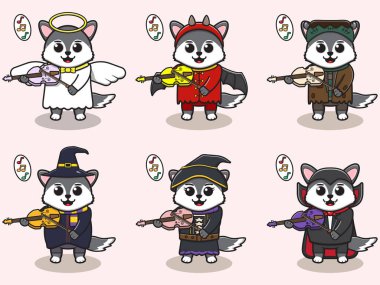 Şirin Kurt 'un Keman Çalışının temsili. Kurt karakter vektör tasarımı. Etiket, etiket, klip için iyi.