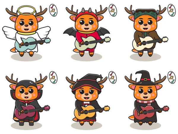 Cadılar Bayramı kostümlü şirin geyiğin gitar çalarkenki yansıması. Etiket, etiket, klip için iyi.