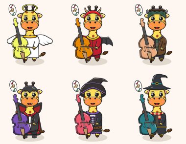 Cadılar Bayramı kostümüyle çello çalan sevimli zürafanın temsilcisi. Etiket, etiket, klip için iyi.