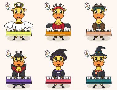 Cadılar Bayramı kostümlü şirin zürafanın klavye çalarkenki temsili resmi. Etiket, etiket, klip için iyi.