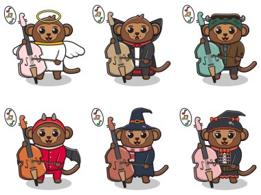 Cadılar Bayramı kostümlü şirin bir maymunun çello çalarkenki temsili. Maymun karakter vektör tasarımı. Etiket, etiket, klip için iyi.