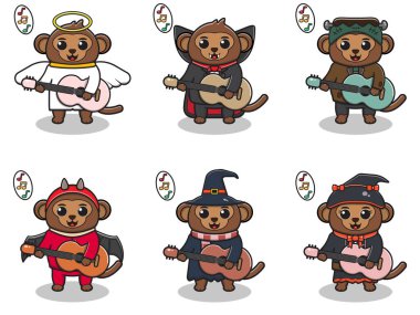 Cadılar Bayramı kostümüyle gitar çalan şirin bir maymunun temsili çizimi. Maymun karakter vektör tasarımı. Etiket, etiket, klip için iyi.