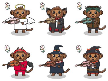 Cadılar Bayramı kostümlü şirin bir maymunun keman çalarkenki temsili. Maymun karakter vektör tasarımı. Etiket, etiket, klip için iyi.