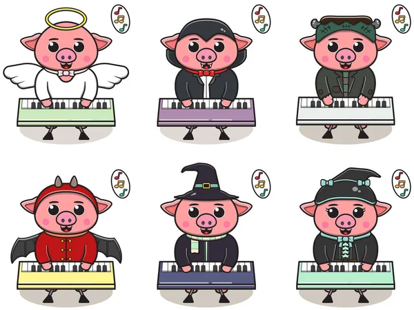 Vektorillustration Von Schwein Mit Halloween Kostüm Das Keyboard Spielt Schweine — Stockvektor