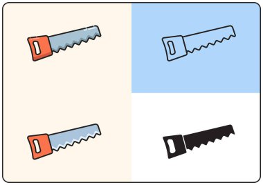 Çizgi film Testere vektör simgesi renkleri, ana hatları ve katı sürümleri. Marangozluk, ahşap işçiliği, DIY ve inşaat tasarım unsurları için ideal.