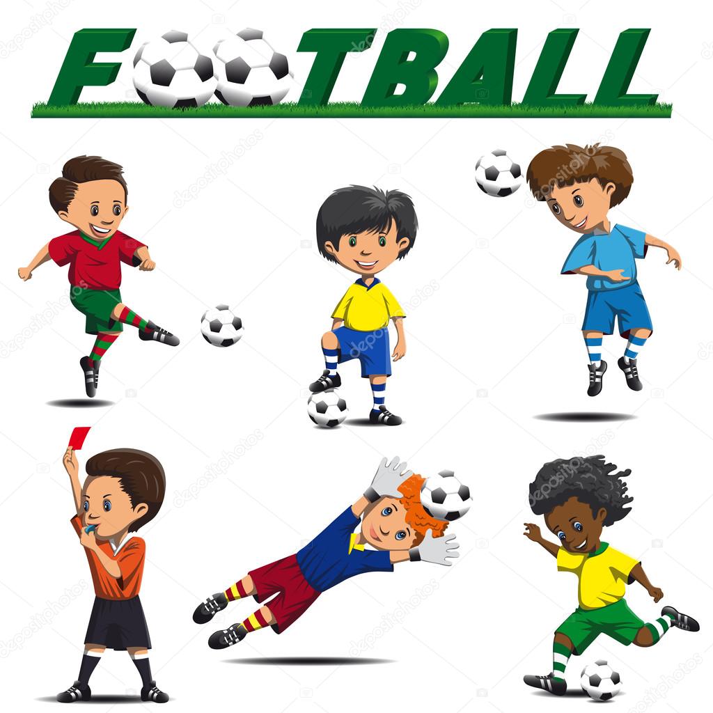 Football and various players, striker, defender, goalkeeper, referee in game situations