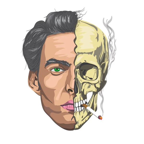 Male face half a skull smoking a cigarette — Stock Illustration Male face half a skull smoking a cigarette Royalty Free Stock Vectors