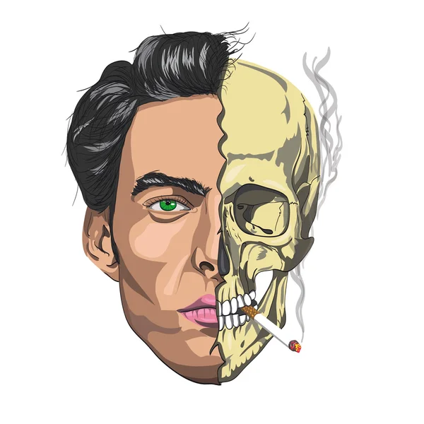 Male face half a skull smoking a cigarette — Stock Illustration Male face half a skull smoking a cigarette Stock Vector