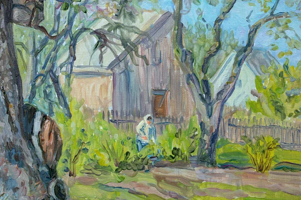 Senior woman working in garden, painting