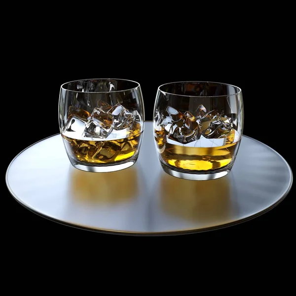 whiskey with ice in glass on white background