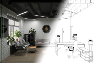 Kanepeli, 3 boyutlu modern oturma odasının içi.