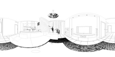 iç görselleştirme, 3 boyutlu illüstrasyon, bir odanın taslağı