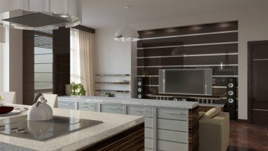 Modern mutfak iç mimarisi. 3B görüntüleme