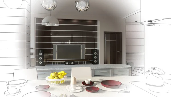 Interior Dapur Modern Dengan Furnitur Render — Stok Foto