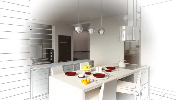 Interior Dapur Modern Dengan Dinding Putih Dan Biru Dan Jendela — Stok Foto