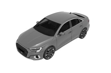 Beyaz arka planda izole edilmiş gri araba, 3D illüstrasyon, cg görüntüleme, yan görünüm.