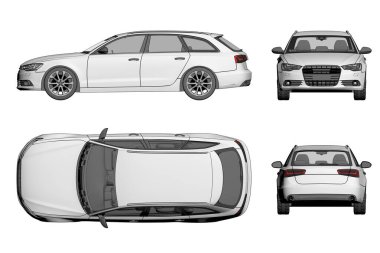 Beyaz arka planda izole edilmiş beyaz araba, 3 boyutlu illüstrasyon, cg görüntüleme. Öne, arkaya, yana, üste bak.