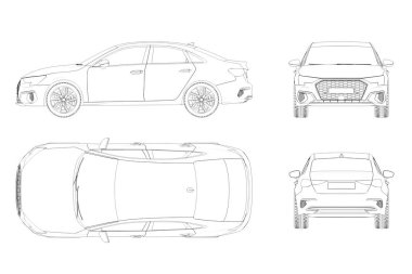 Araba çizimi, çizim, imaj çizimi. Öne, arkaya, yana, üste bak.