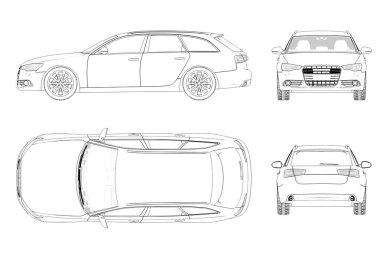 Araba çizimi, çizim, imaj çizimi. Öne, arkaya, yana, üste bak.