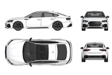 Beyaz arka planda izole edilmiş beyaz araba, 3 boyutlu illüstrasyon, cg görüntüleme. Öne, arkaya, yana, üste bak.