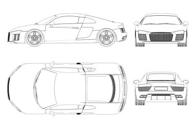 Araba çizimi, çizim, imaj çizimi. Öne, arkaya, yana, üste bak.
