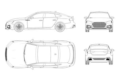 Araba çizimi, çizim, imaj çizimi. Öne, arkaya, yana, üste bak.