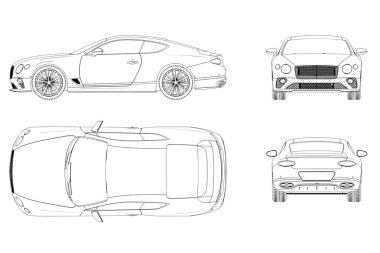 Araba çizimi, çizim, imaj çizimi. Öne, arkaya, yana, üste bak.
