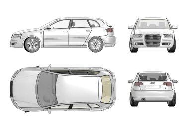 Beyaz araba taslak çizimi, çizim, çevre çizimi. Öne, arkaya, yana, üste bak.