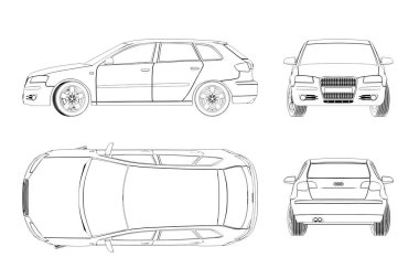 Araba çizimi, çizim, imaj çizimi. Öne, arkaya, yana, üste bak.