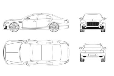 Araba çizimi, çizim, imaj çizimi. Öne, arkaya, yana, üste bak.