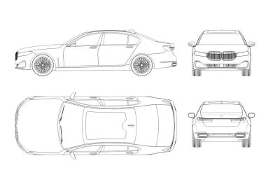 Araba çizimi, çizim, imaj çizimi. Öne, arkaya, yana, üste bak.