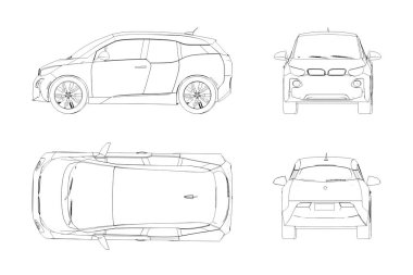 Araba çizimi, çizim, imaj çizimi. Öne, arkaya, yana, üste bak.