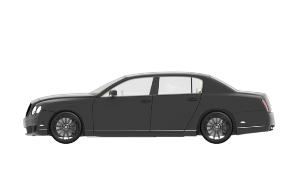 Şeffaf arkaplanda izole edilmiş siyah arabanın yan görünümü, 3d illüstrasyon, cg canlandırma