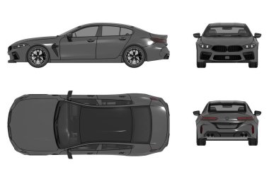 Siyah araba çizimi, çizim, çevre çizimi. Öne, arkaya, yana, üste bak.