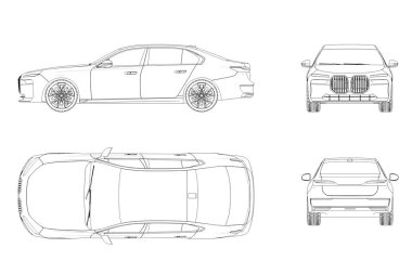 Araba çizimi, çizim, imaj çizimi. Öne, arkaya, yana, üste bak.