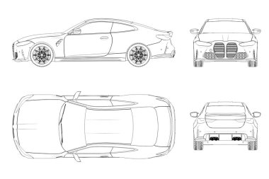 Araba çizimi, çizim, imaj çizimi. Öne, arkaya, yana, üste bak.