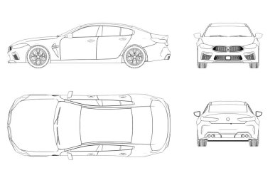 Araba çizimi, çizim, imaj çizimi. Öne, arkaya, yana, üste bak.
