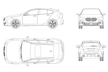 Araba çizimi, çizim, imaj çizimi. Öne, arkaya, yana, üste bak.